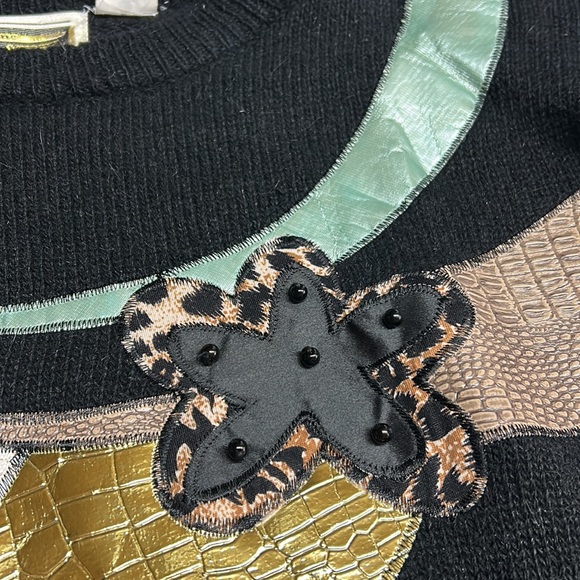 Glitz vintage silk ramie angora beaded leopard floral lace gold leather sweater - Picture 7 of 8